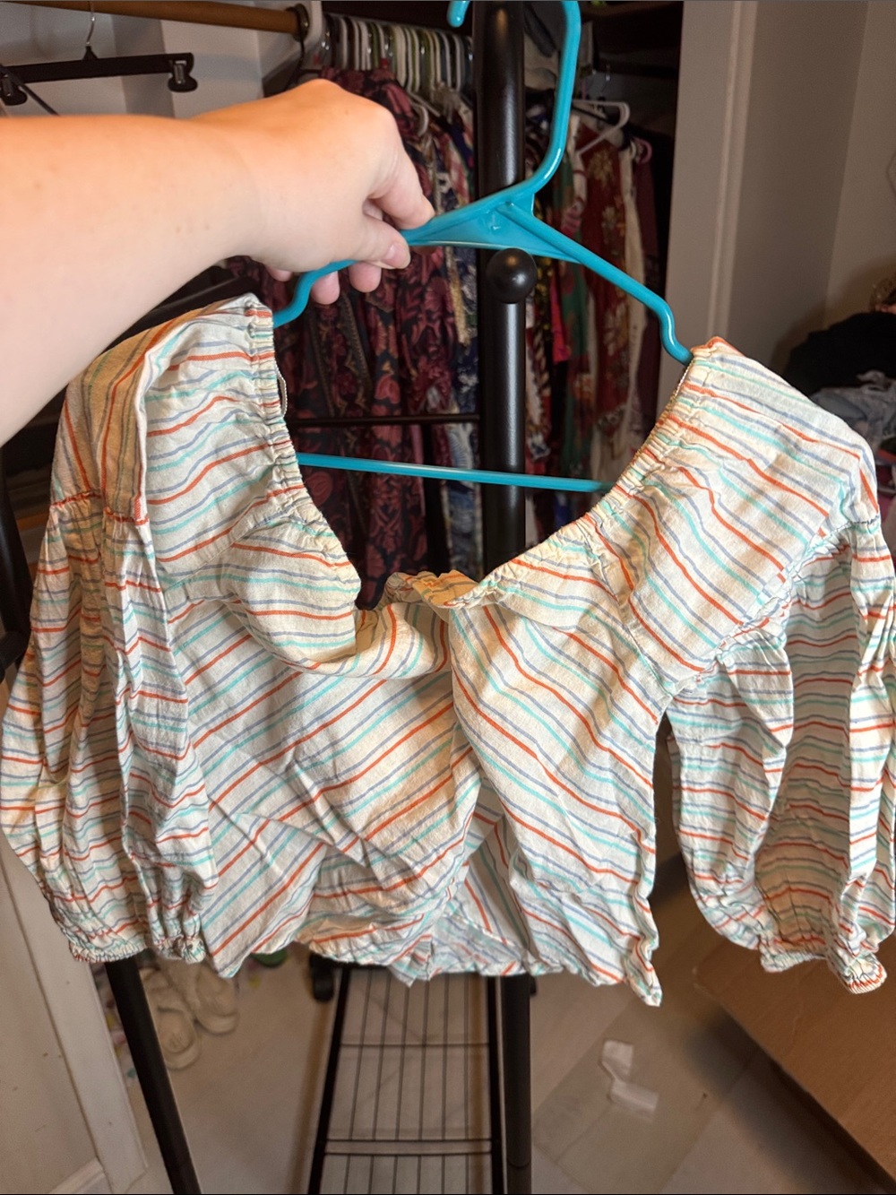 Line & Dot White Cropped Button-Front Top with Multi Stripes - Picture 7 of 8
